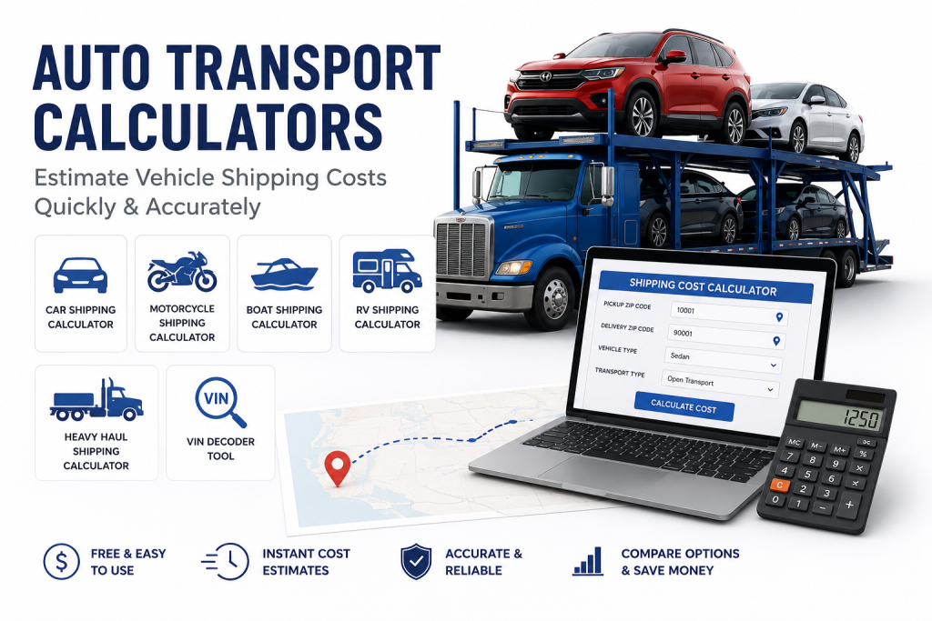 Auto Transport Calculators showing car shipping, motorcycle, boat, RV, heavy haul shipping cost calculators and VIN decoder tool.